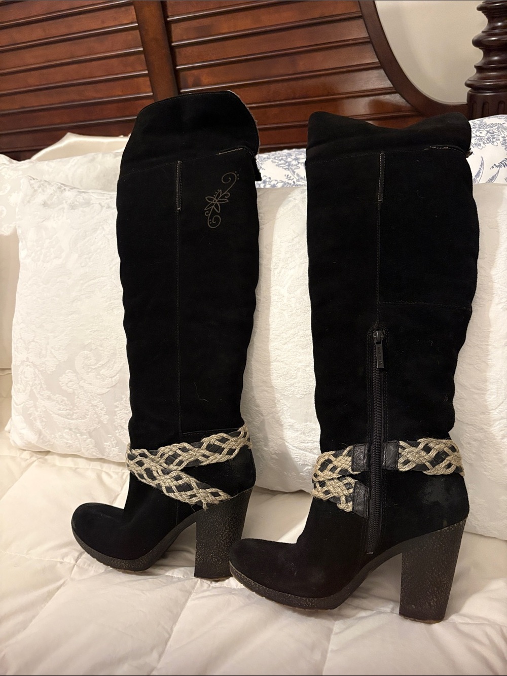 Nine West Black Suede Knee-High Heeled Boots with Braided Rope Accent